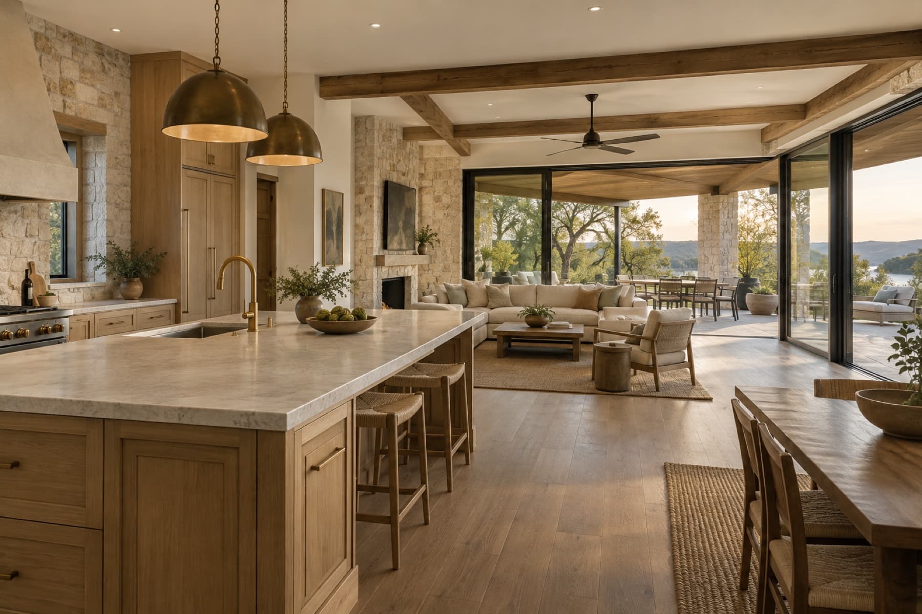 Conceptual kitchen and living expansion with limestone and white oak