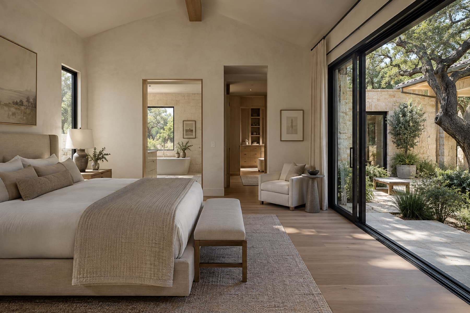 Conceptual primary suite connected to a limestone courtyard